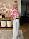 Pink Floral Ruffle Sleeve Striped Button Collar Blouse