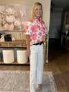 Pink Floral Ruffle Sleeve Striped Button Collar Blouse