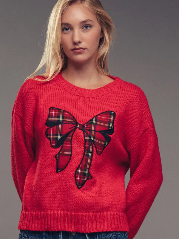 Plaid Bow Patch Knit Sweater