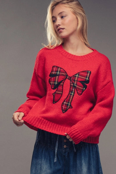 Plaid Bow Patch Knit Sweater