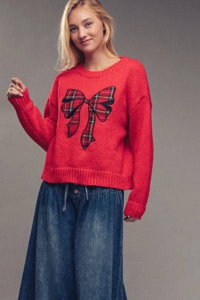 Plaid Bow Patch Knit Sweater