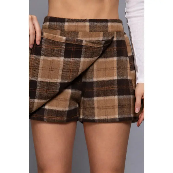Plaid Wrap Front Flannel Shorts | Khaki