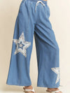 Denim Star Patchwork Elastic Waistband Pants Curvy Fit