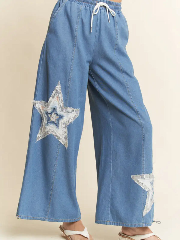 Denim Star Patchwork Elastic Waistband Pants Curvy Fit