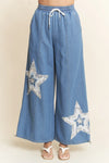 Denim Star Patchwork Elastic Waistband Pants Curvy Fit