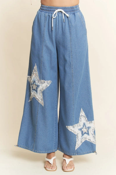 Denim Star Patchwork Elastic Waistband Pants Curvy Fit