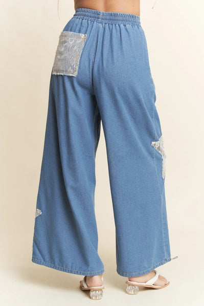 Denim Star Patchwork Elastic Waistband Pants Curvy Fit