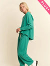Curvy Fit Garment Washed Long Sleeve Top and Pants Set - Emerald Green