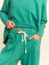 Curvy Fit Garment Washed Long Sleeve Top and Pants Set - Emerald Green