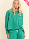 Curvy Fit Garment Washed Long Sleeve Top and Pants Set - Emerald Green