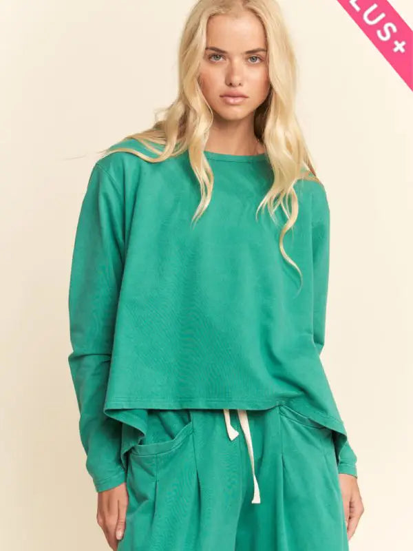 Curvy Fit Garment Washed Long Sleeve Top and Pants Set - Emerald Green