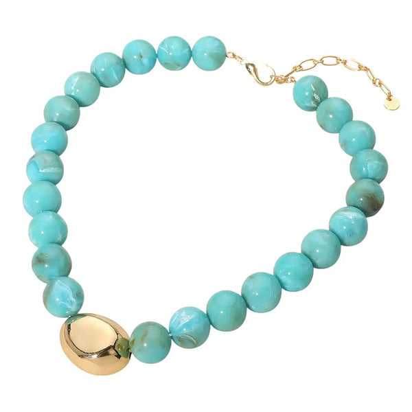 Polished Metal Bean Accent Bold Marbled Ball Beaded Statement Necklace