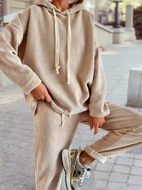 Pullover Hoodie and High Waist Pants Corduroy Suit