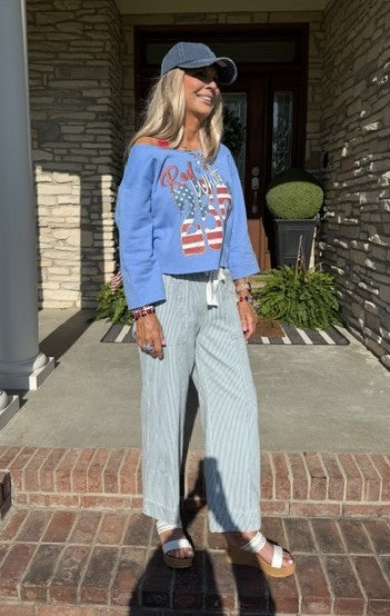 Red, White, & 250 Patriotic Cut Off Sweatshirt - Lt Blue