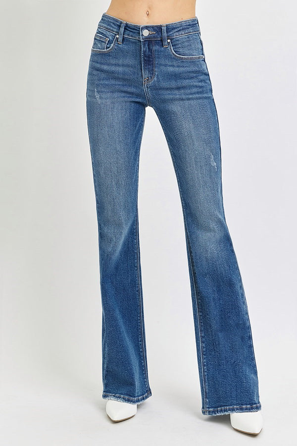 Tummy Control Mid Rise Flare Basic Jeans - Medium Wash