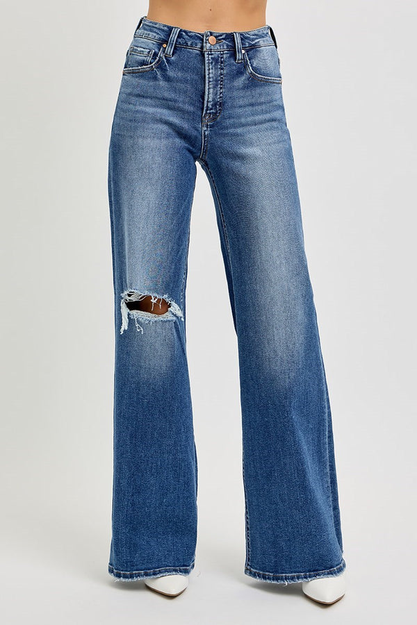 Risen Jeans Tummy Control High Rise Wide Leg Knee Distress Jeans