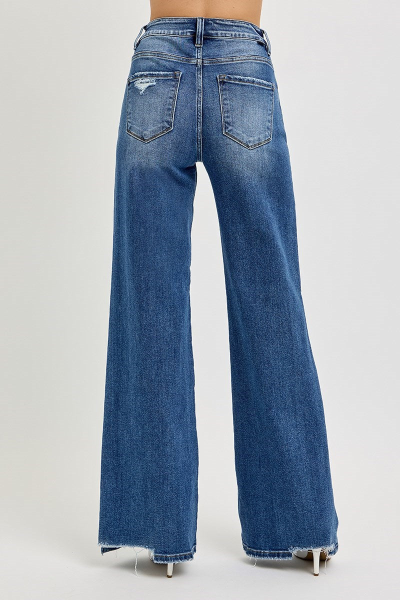 Risen Jeans Tummy Control High Rise Wide Leg Knee Distress Jeans