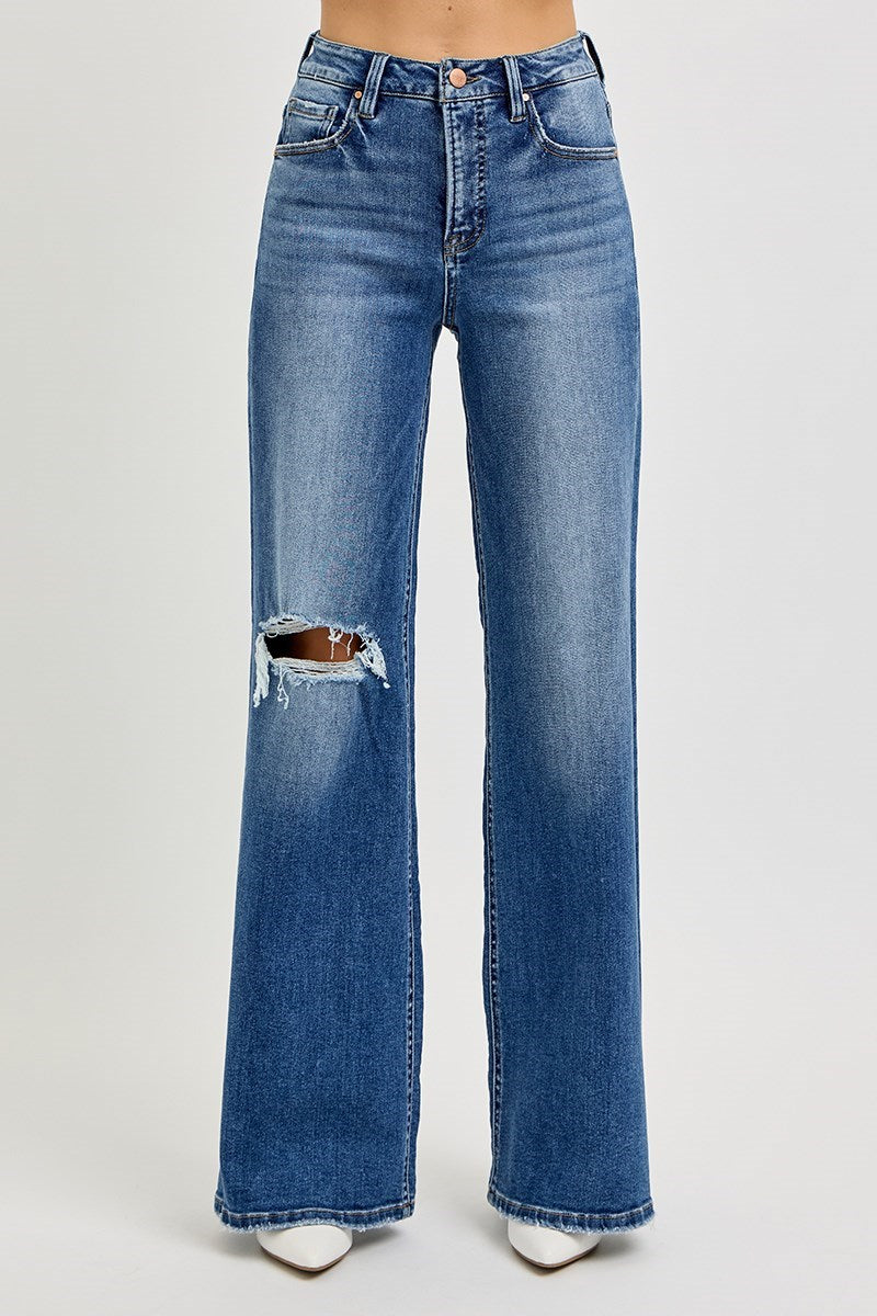 Risen Jeans Tummy Control High Rise Wide Leg Knee Distress Jeans