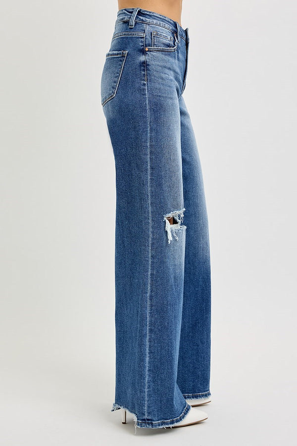 Risen Jeans Tummy Control High Rise Wide Leg Knee Distress Jeans