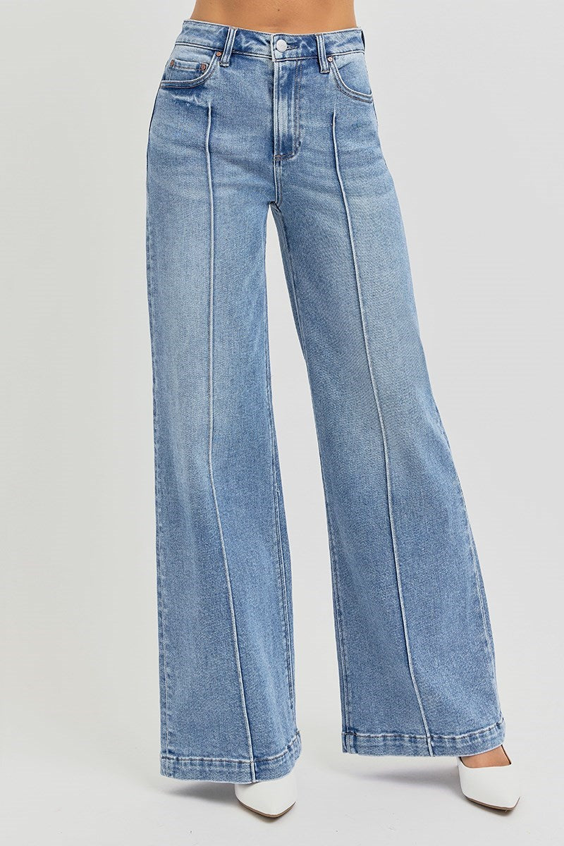 Risen Jeans High Waist Wide Leg Pintuck Detailed Jeans