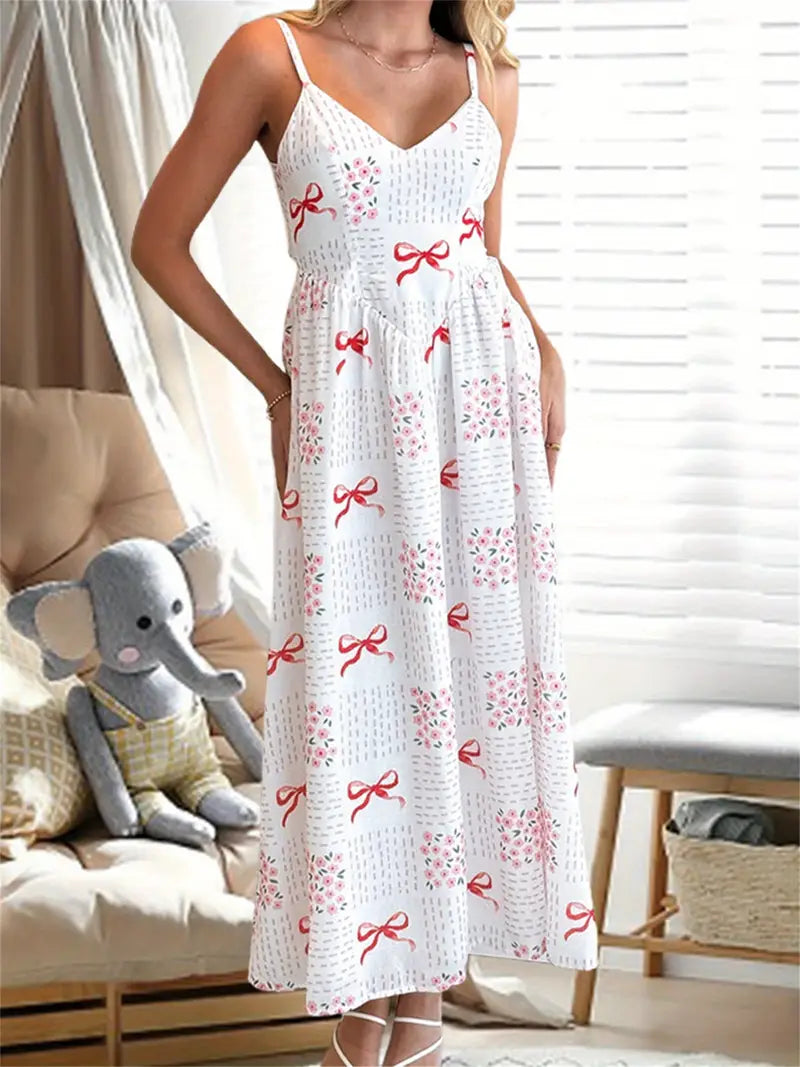 Vintage Square Neck Thin Strap Swing Skirt Dress - Red Bow & Floral Print