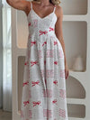 Vintage Square Neck Thin Strap Swing Skirt Dress - Red Bow & Floral Print