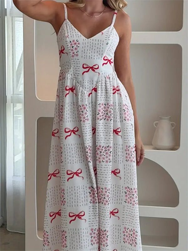 Vintage Square Neck Thin Strap Swing Skirt Dress - Red Bow & Floral Print