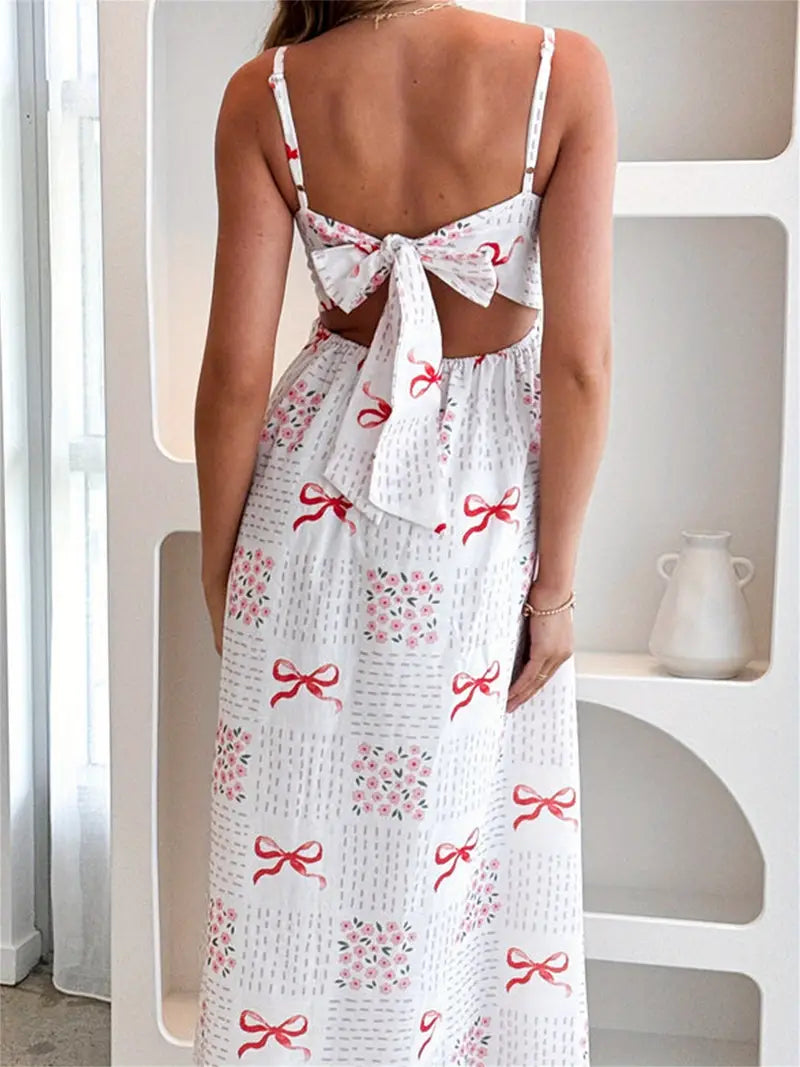 Vintage Square Neck Thin Strap Swing Skirt Dress - Red Bow & Floral Print