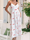 Vintage Square Neck Thin Strap Swing Skirt Dress - Red Bow & Floral Print
