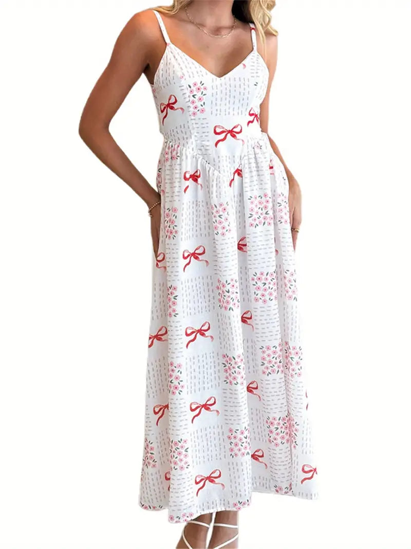 Vintage Square Neck Thin Strap Swing Skirt Dress - Red Bow & Floral Print