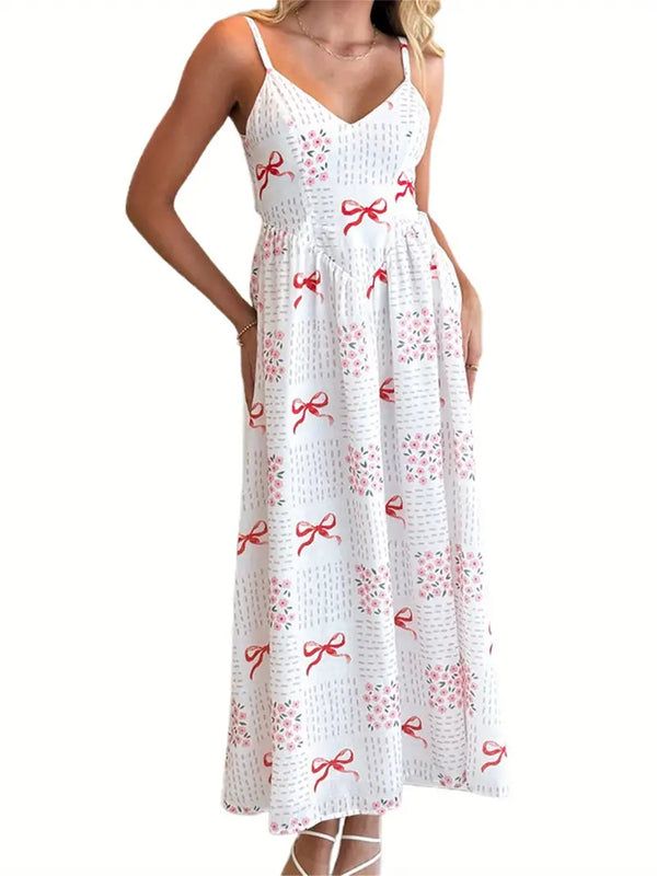 Vintage Square Neck Thin Strap Swing Skirt Dress - Red Bow & Floral Print