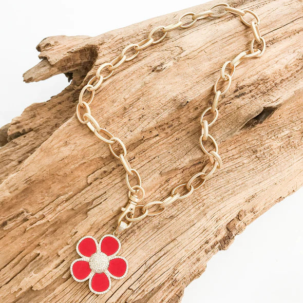 Ornate Flower w CZ Trim Necklace | Red