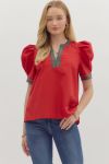 Red Puff Sleeve Top w Plaid Trim