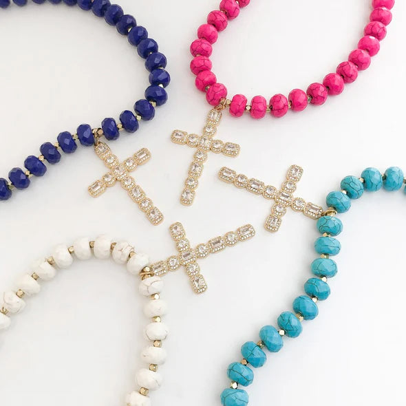 Rhinestone Cross on XL Rondelle Studded Necklace | Red