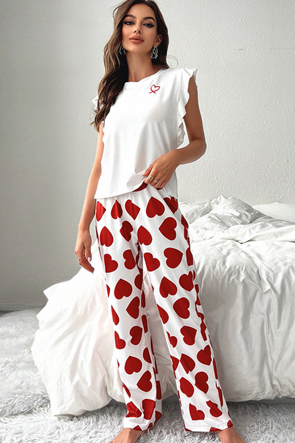 Ruffled Tank Top and Heart Print Pants Lounge Set 2 Colors