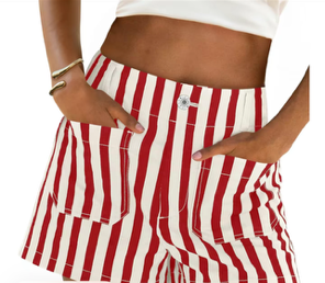 The Ballpark Babe Striped Denim Shorts - Red