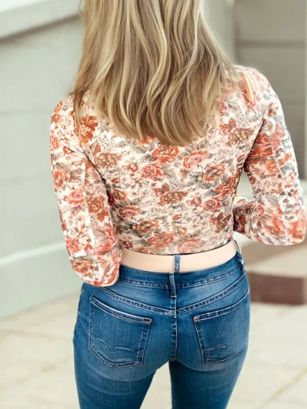 Retro Floral Print Mesh Long Sleeve Top