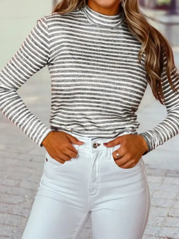 Ribbed High Neck Slim Fit Long Sleeve Top