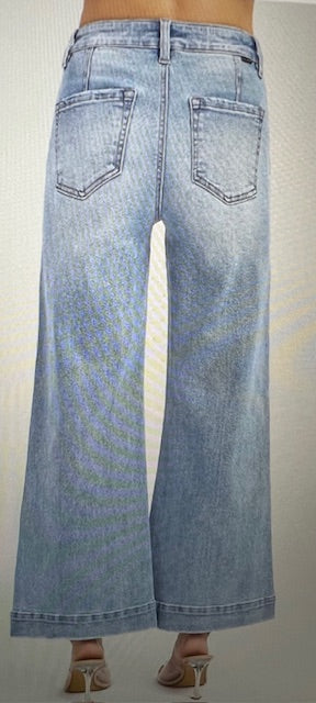 High Rise Ankle Wide Leg Patch Front Pocket Jeans Light