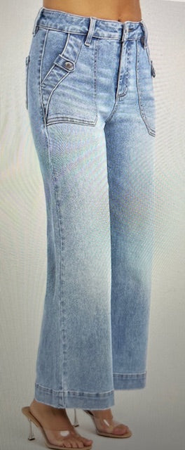 High Rise Ankle Wide Leg Patch Front Pocket Jeans Light