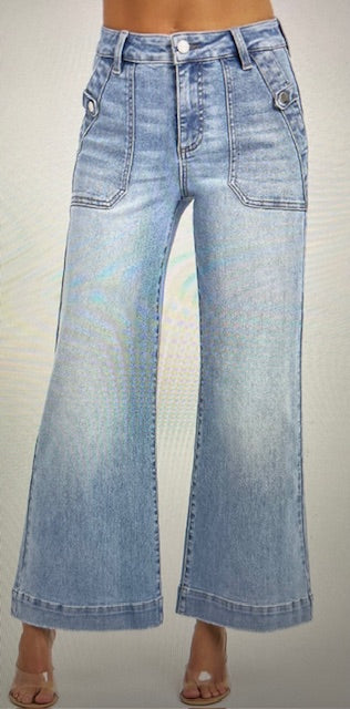 High Rise Ankle Wide Leg Patch Front Pocket Jeans Light