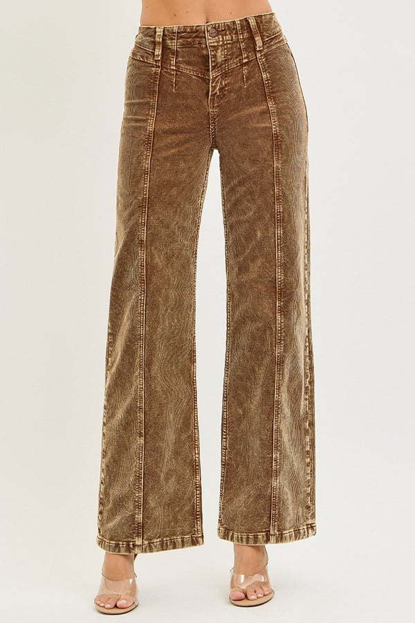 High Rise Wide Front Yoke Corduroy Pants-Mocha