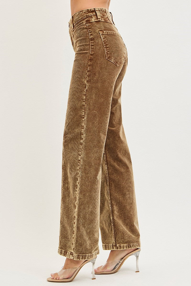 High Rise Wide Front Yoke Corduroy Pants-Mocha