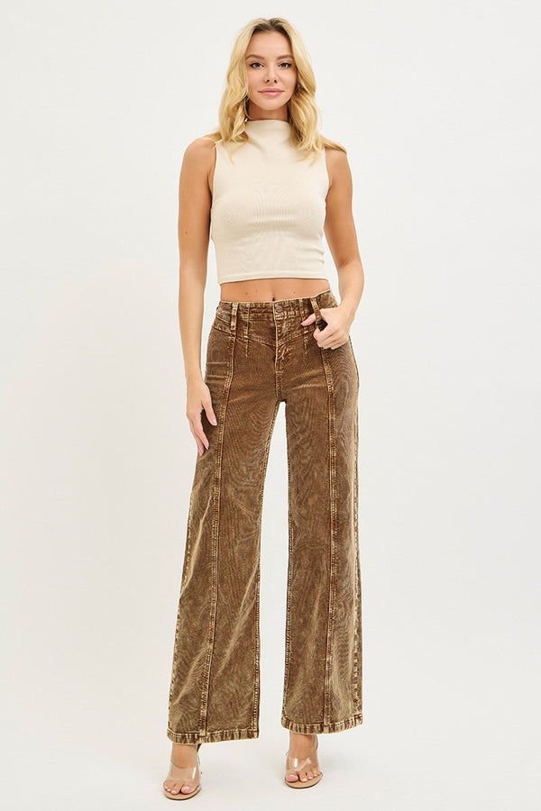 High Rise Wide Front Yoke Corduroy Pants-Mocha