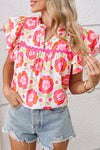 Rose Boho Floral Print Ricrac Ruffle Sleeve Blouse