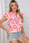 Rose Boho Floral Print Ricrac Ruffle Sleeve Blouse