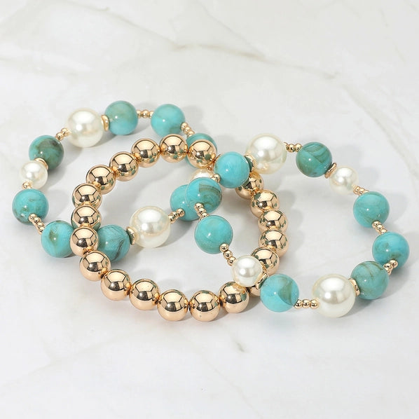 Turquoise, Pearl Mixed Beaded Bracelets Set