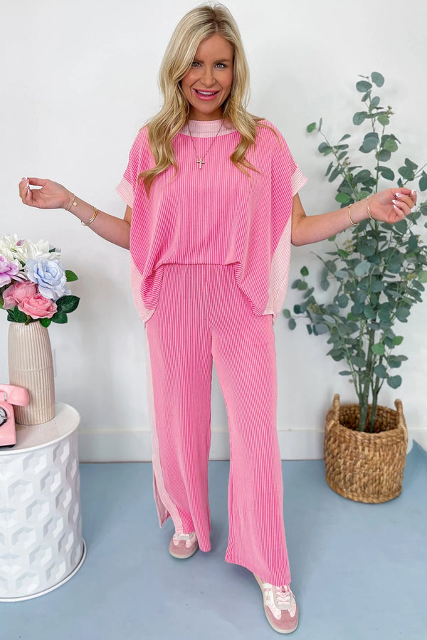 Sachet Pink Colorblock Patchwork Corded Pants Set