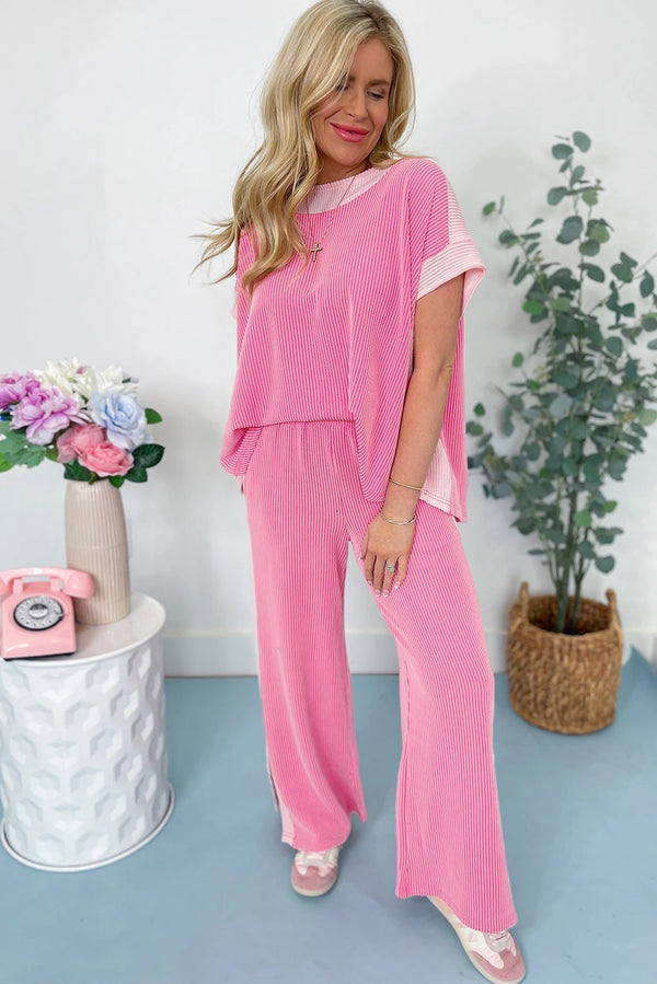 Sachet Pink Colorblock Patchwork Corded Pants Set