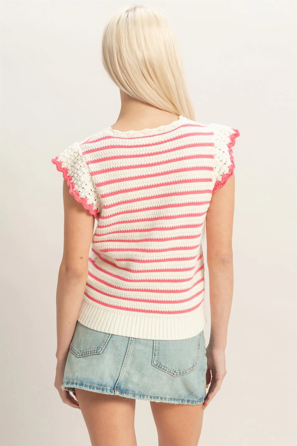 Scalloped Striped Ruffle Sleeve Top